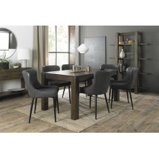 Turin Dark Oak 6-8 Seater Dining Table & 6 Cezanne Dark Grey Faux Leather Chairs with Sand Black Powder Coated Legs