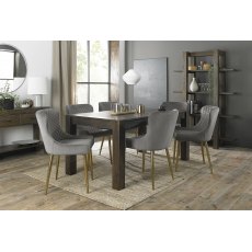 Turin Dark Oak 6-8 Seater Dining Table & 6 Cezanne Grey Velvet Fabric Chairs with Matt Gold Plated Legs