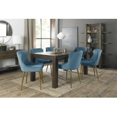 Turin Dark Oak 6-8 Seater Dining Table & 6 Cezanne Petrol Blue Velvet Fabric Chairs with Matt Gold Plated Legs