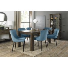 Turin Dark Oak 6-8 Seater Dining Table & 6 Cezanne Petrol Blue Velvet Fabric Chairs with Sand Black Powder Coated Legs