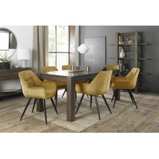 Turin Dark Oak Large 6-8 Seater Dining Table & 6 Dali Mustard Velvet Fabric Chairs with Sand Black Powder Coated Legs