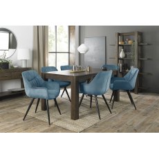 Turin Dark Oak 6-8 Seater Dining Table & 6 Dali Petrol Blue Velvet Fabric Chairs with Sand Black Powder Coated Legs