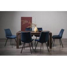 Turin Dark Oak 6-8 Seater Dining Table & 6 Fontana Blue Velvet Fabric Chairs with Grey Hand Brushing on Black Powder Coated Legs