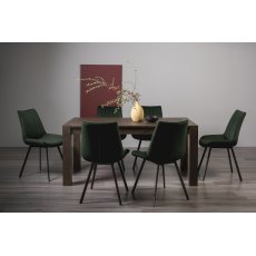 Turin Dark Oak 6-8 Seater Dining Table & 6 Fontana Green Velvet Fabric Chairs with Grey Hand Brushing on Black Powder Coated Legs