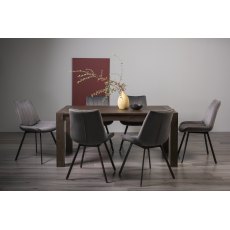 Turin Dark Oak 6-8 Seater Dining Table & 6 Fontana Grey Velvet Fabric Chairs with Grey Hand Brushing on Black Powder Coated Legs