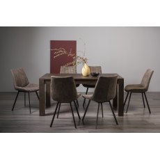 Turin Dark Oak 6-8 Seater Dining Table & 6 Fontana Tan Faux Suede Fabric Chairs with Grey Hand Brushing on Black Powder Coated Legs