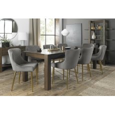Turin Dark Oak 6-10 Seater Dining Table & 8 Cezanne Grey Velvet Fabric Chairs with Matt Gold Plated Legs