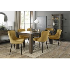 Turin Dark Oak 6-10 Seater Dining Table & 8 Cezanne Mustard Velvet Fabric Chairs with Sand Black Powder Coated Legs