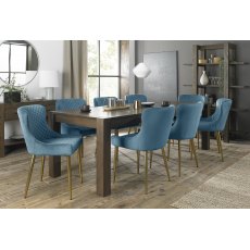 Turin Dark Oak 6-10 Seater Table & 8 Cezanne Petrol Blue Velvet Chairs - Gold Legs