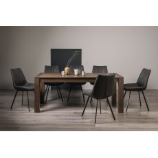 Turin Dark Oak 6-10 Seater Dining Table & 8 Fontana Dark Grey Faux Suede Fabric Chairs with Grey Hand Brushing on Black Powder Coated Legs