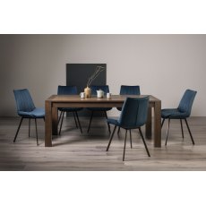 Turin Dark Oak 6-10 Seater Dining Table & 8 Fontana Blue Velvet Fabric Chairs with Grey Hand Brushing on Black Powder Coated Legs