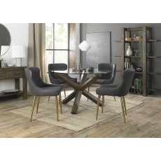 Turin Clear Tempered Glass 4 Seater Dining Table with Dark Oak Legs & 4 Cezanne Dark Grey Faux Leather Chairs with Matt Gold Plated Legs