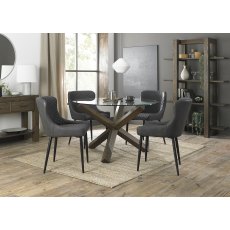 Turin Clear Tempered Glass 4 Seater Dining Table with Dark Oak Legs & 4 Cezanne Dark Grey Faux Leather Chairs with Sand Black Powder Coated Legs
