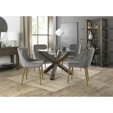 Turin Clear Tempered Glass 4 Seater Dining Table with Dark Oak Legs & 4 Cezanne Grey Velvet Fabric Chairs with Matt Gold Plated Legs