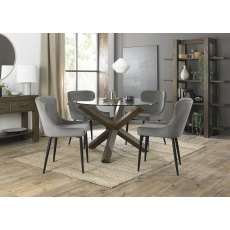Turin Clear Tempered Glass 4 Seater Dining Table with Dark Oak Legs & 4 Cezanne Grey Velvet Fabric Chairs with Sand Black Powder Coated Legs