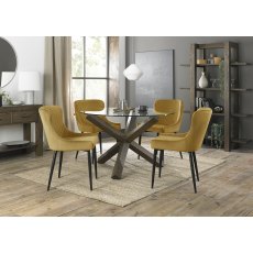 Turin Clear Tempered Glass 4 Seater Dining Table with Dark Oak Legs & 4 Cezanne Mustard Velvet Fabric Chairs with Sand Black Powder Coated Legs