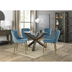 Turin Clear Tempered Glass 4 Seater Dining Table with Dark Oak Legs & 4 Cezanne Petrol Blue Velvet Fabric Chairs with Matt Gold Plated Legs