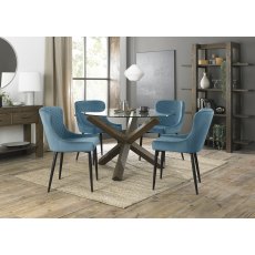 Turin Clear Tempered Glass 4 Seater Dining Table with Dark Oak Legs & 4 Cezanne Petrol Blue Velvet Fabric Chairs with Sand Black Powder Coated Legs