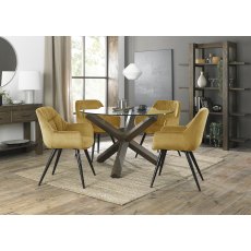 Turin Glass 4 Seater Table - Dark Oak Legs & 4 Dali Mustard Velvet Chairs