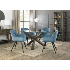 Turin Clear Tempered Glass 4 Seater Dining Table with Dark Oak Legs & 4 Dali Petrol Blue Velvet Fabric Chairs with Sand Black Powder Coated Legs