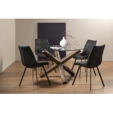 Turin Clear Tempered Glass 4 Seater Dining Table with Dark Oak Legs & 4 Fontana Dark Grey Faux Suede Fabric Chairs with Grey Hand Brushing on Black Powder Coated Legs