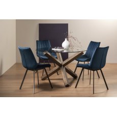 Turin Clear Tempered Glass 4 Seater Dining Table with Dark Oak Legs & 4 Fontana Blue Velvet Fabric Chairs with Grey Hand Brushing on Black Powder Coated Legs