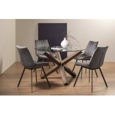 Turin Clear Tempered Glass 4 Seater Dining Table with Dark Oak Legs & 4 Fontana Grey Velvet Fabric Chairs with Grey Hand Brushing on Black Powder Coated Legs