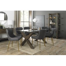 Turin Clear Tempered Glass 6 Seater Dining Table with Dark Oak Legs & 6 Cezanne Dark Grey Faux Leather Chairs with Matt Gold Plated Legs