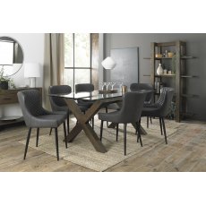 Turin Clear Tempered Glass 6 Seater Dining Table with Dark Oak Legs & 6 Cezanne Dark Grey Faux Leather Chairs with Sand Black Powder Coated Legs