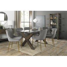 Turin Clear Tempered Glass 6 Seater Dining Table with Dark Oak Legs & 6 Cezanne Grey Velvet Fabric Chairs with Matt Gold Plated Legs