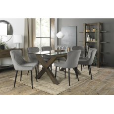 Turin Clear Tempered Glass 6 Seater Dining Table with Dark Oak Legs & 6 Cezanne Grey Velvet Fabric Chairs with Sand Black Powder Coated Legs