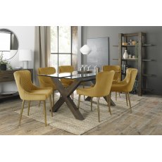 Turin Clear Tempered Glass 6 Seater Dining Table with Dark Oak Legs & 6 Cezanne Mustard Velvet Fabric Chairs with Matt Gold Plated Legs