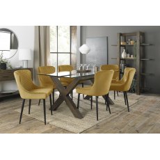 Turin Clear Tempered Glass 6 Seater Dining Table with Dark Oak Legs & 6 Cezanne Mustard Velvet Fabric Chairs with Sand Black Powder Coated Legs