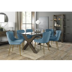 Turin Clear Tempered Glass 6 Seater Dining Table with Dark Oak Legs & 6 Cezanne Petrol Blue Velvet Fabric Chairs with Matt Gold Plated Legs