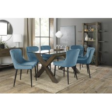 Turin Clear Tempered Glass 6 Seater Dining Table with Dark Oak Legs & 6 Cezanne Petrol Blue Velvet Fabric Chairs with Sand Black Powder Coated Legs