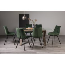 Turin Clear Tempered Glass 6 Seater Dining Table with Dark Oak Legs & 6 Fontana Green Velvet Fabric Chairs with Grey Hand Brushing on Black Powder Coated Legs