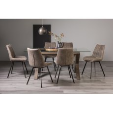 Turin Clear Tempered Glass 6 Seater Dining Table with Dark Oak Legs & 6 Fontana Tan Faux Suede Fabric Chairs with Grey Hand Brushing on Black Powder Coated Legs