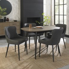 Vintage Weathered Oak 4 Seater Dining Table with Peppercorn Legs & 4 Cezanne Dark Grey Faux Leather Chairs with Sand Black Powder Coated Legs
