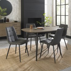 Vintage Weathered Oak 4 Seater Dining Table with Peppercorn Legs & 4 Mondrian Dark Grey Faux Leather Chairs with Sand Black Powder Coated Legs