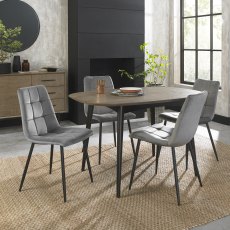 Vintage Weathered Oak 4 Seater Dining Table with Peppercorn Legs & 4 Mondrian Grey Velvet Fabric Chairs with Sand Black Powder Coated Legs
