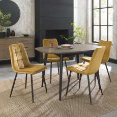 Vintage Weathered Oak 4 Seater Dining Table with Peppercorn Legs & 4 Mondrian Mustard Velvet Fabric Chairs with Sand Black Powder Coated Legs