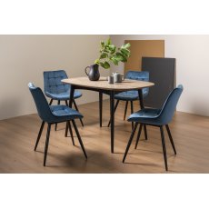 Vintage Weathered Oak 4 Seater Dining Table with Peppercorn Legs & 4 Seurat Blue Velvet Fabric Chairs with Sand Black Powder Coated Legs