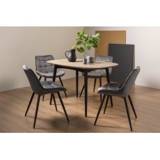 Vintage Weathered Oak 4 Seater Dining Table with Peppercorn Legs & 4 Seurat Grey Velvet Fabric Chairs with Sand Black Powder Coated Legs