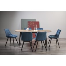 Vintage Weathered Oak 6 Seater Table & 6 Seurat Blue Velvet Chairs