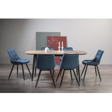 Vintage Weathered Oak 6 Seater Dining Table with Peppercorn Legs & 6 Seurat Blue Velvet Fabric Chairs with Sand Black Powder Coated Legs
