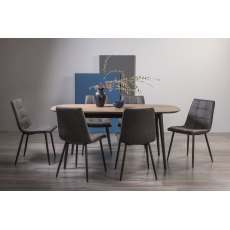 Vintage Weathered Oak 6-8 Seater Dining Table with Peppercorn Legs & 6 Mondrian Dark Grey Faux Leather Chairs with Sand Black Powder Coated Legs