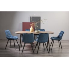 Vintage Weathered Oak 6-8 Seater Dining Table with Peppercorn Legs & 6 Seurat Blue Velvet Fabric Chairs with Sand Black Powder Coated Legs