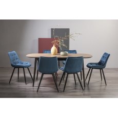 Vintage Weathered Oak 6-8 Seater Table & 6 Seurat Blue Velvet Chairs