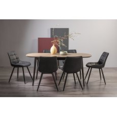 Vintage Weathered Oak 6-8 Seater Dining Table with Peppercorn Legs & 6 Seurat Dark Grey Faux Suede Fabric Chairs with Sand Black Powder Coated Legs