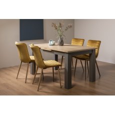 Oakham Scandi Oak 4-6 Seater Dining Table with Dark Grey Legs & 4 Eriksen Mustard Velvet Fabric Chairs with Grey Rustic Oak Effect Legs